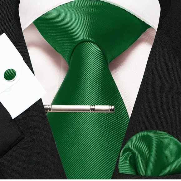Mens 5 Piece Tie + Bow Tie + Pocket Square + Cufflinks + Clip Satin Green - Picture 5 of 5